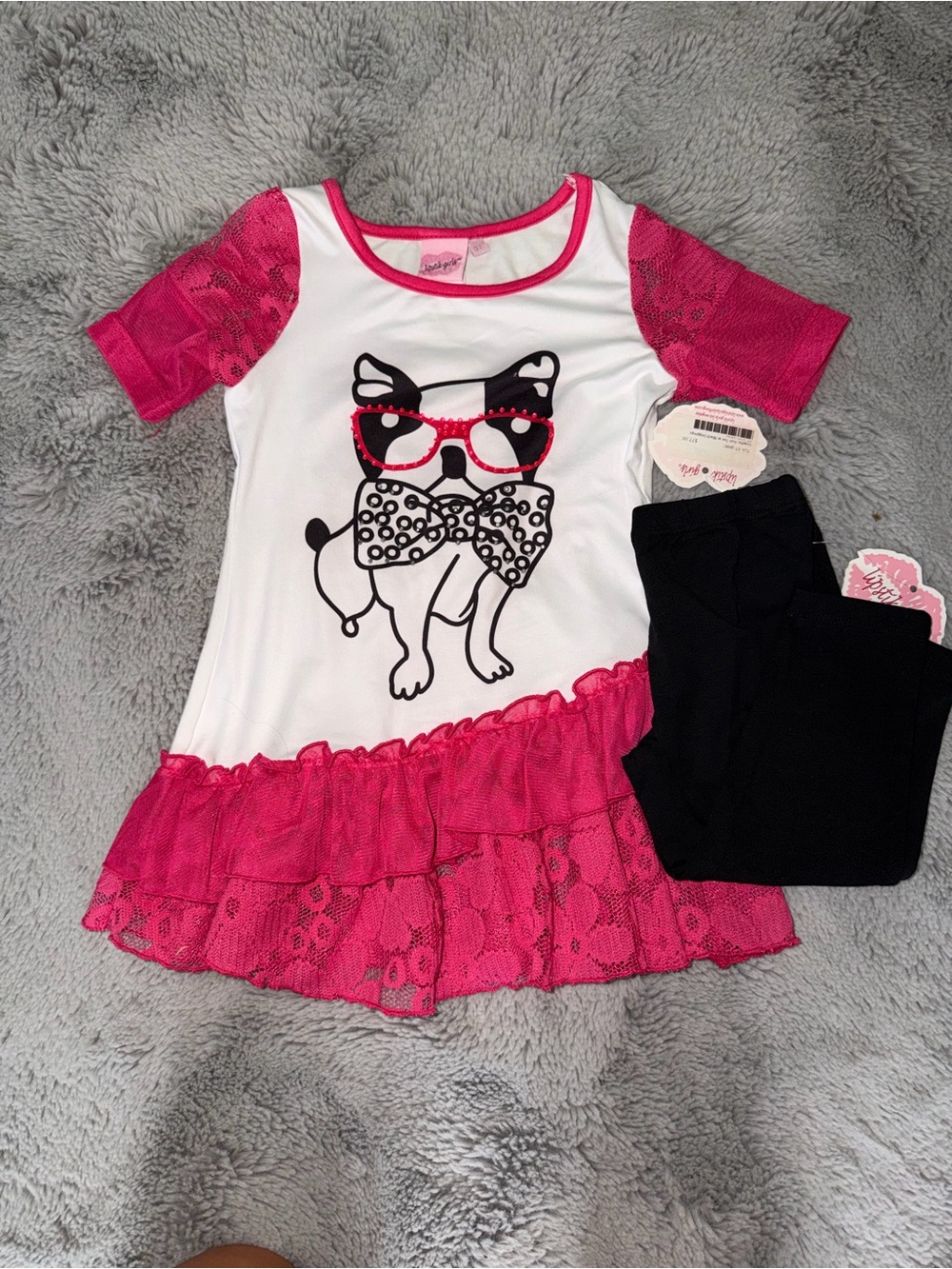NWT Lipstik Girls 3T French Bulldog Tunic Leggings Set Pink Lace